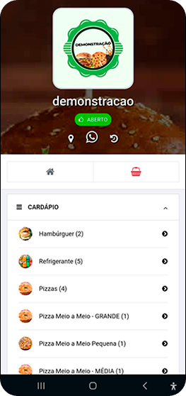 Demonstração do cardápio digital Pedido a Jato